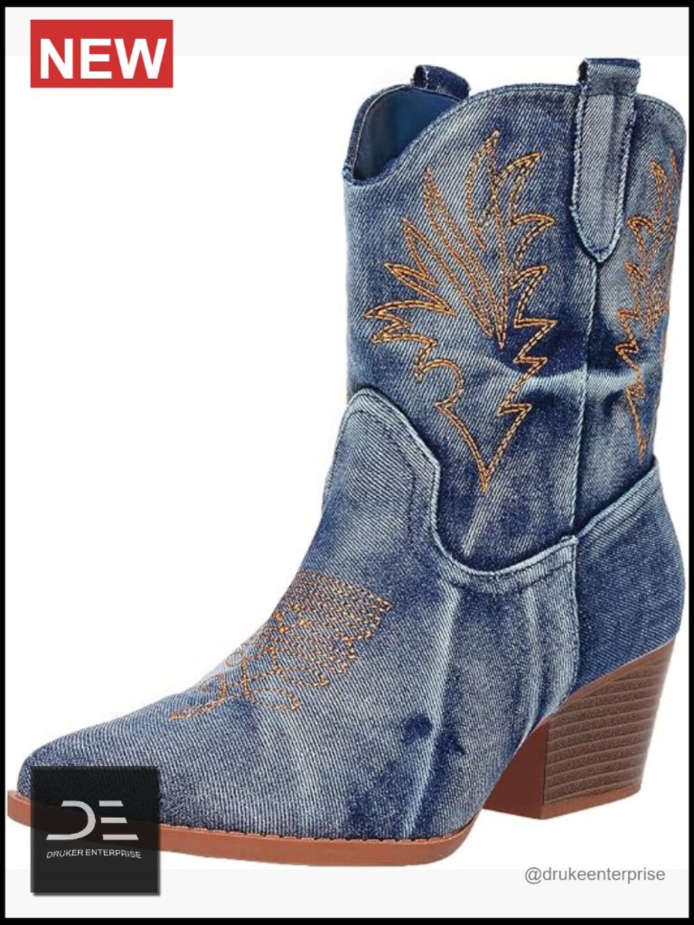 Wide Calf Pointed Toe Western Cowgirl Booties Chunky Heel